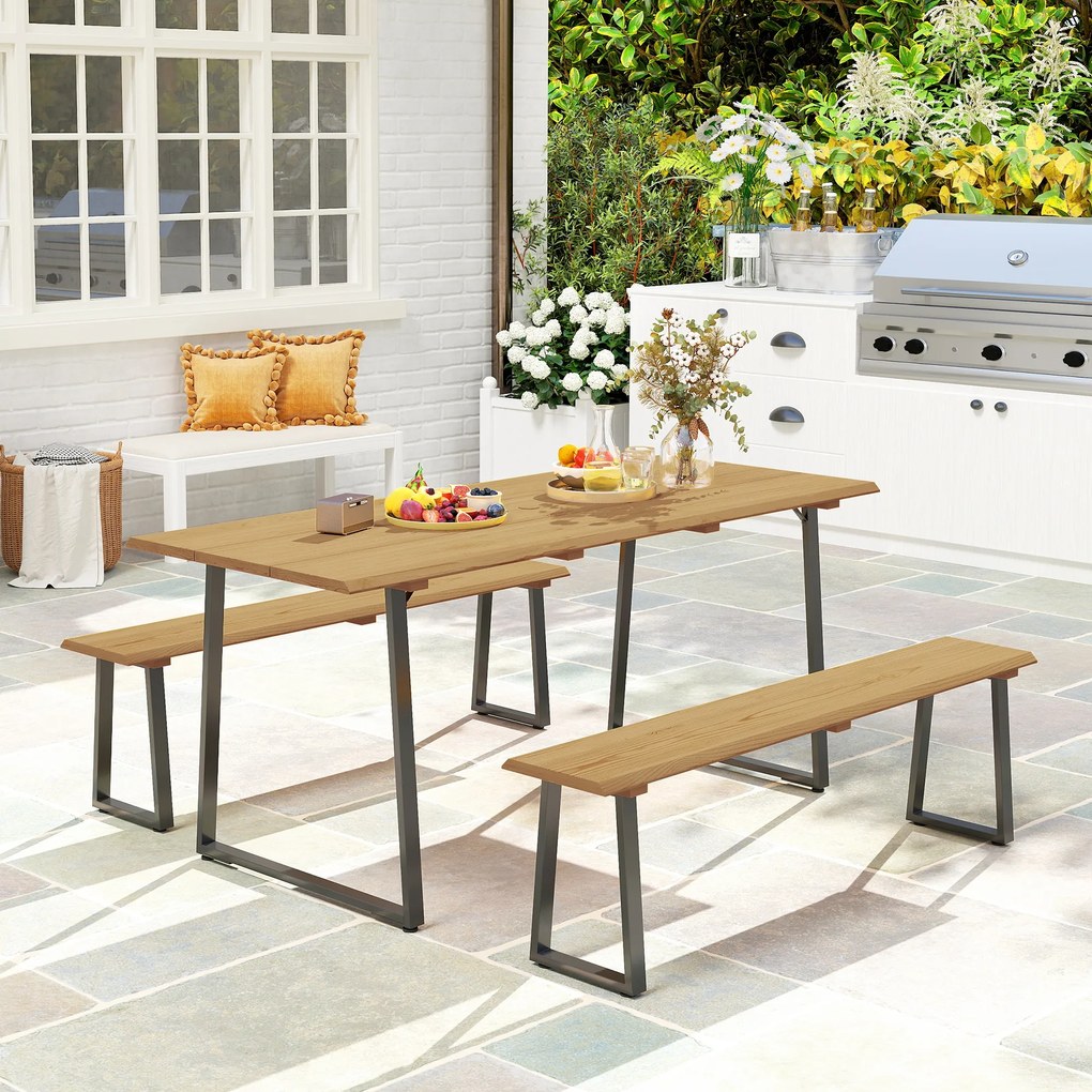 Outsunny Grup de mobilier din 3 piese din lemn pentru 6 persoane Masă de bucătărie cu 2 bănci Orificiu pentru umbrelă Masă din lemn 178 x 76 x 77 cm Lemn natural | Aosom Romania
