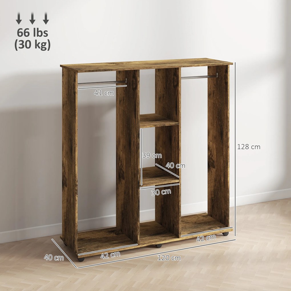 HOMCOM Dulap cu bară de umeraș mobilier de depozitare mobil 6 roți 120 x 40 x 128 cm din lemn maro | Aosom Romania