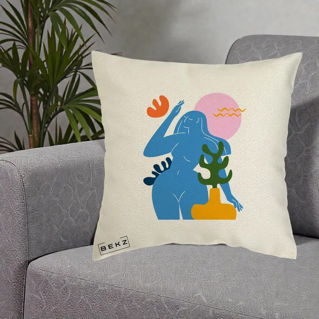 Perna Decorativa Femeie Albastra Cactus, 40x40 cm, Ecru, Husa Detasabila, Perna Inclusa, BEKZ®