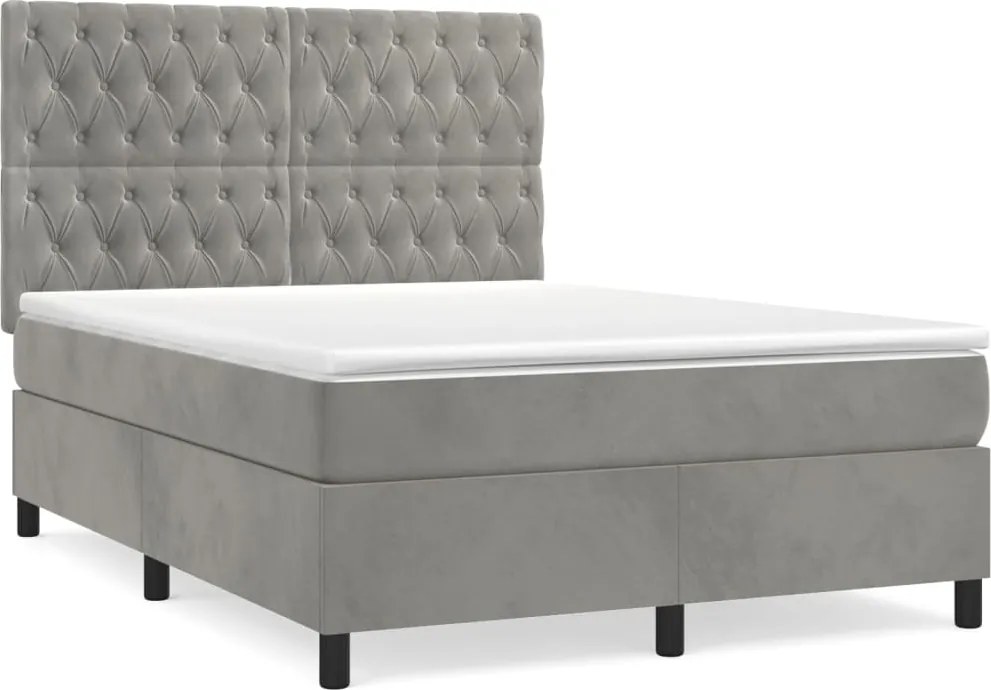 vidaXL Pat box spring cu saltea, gri deschis, 140x190 cm, catifea