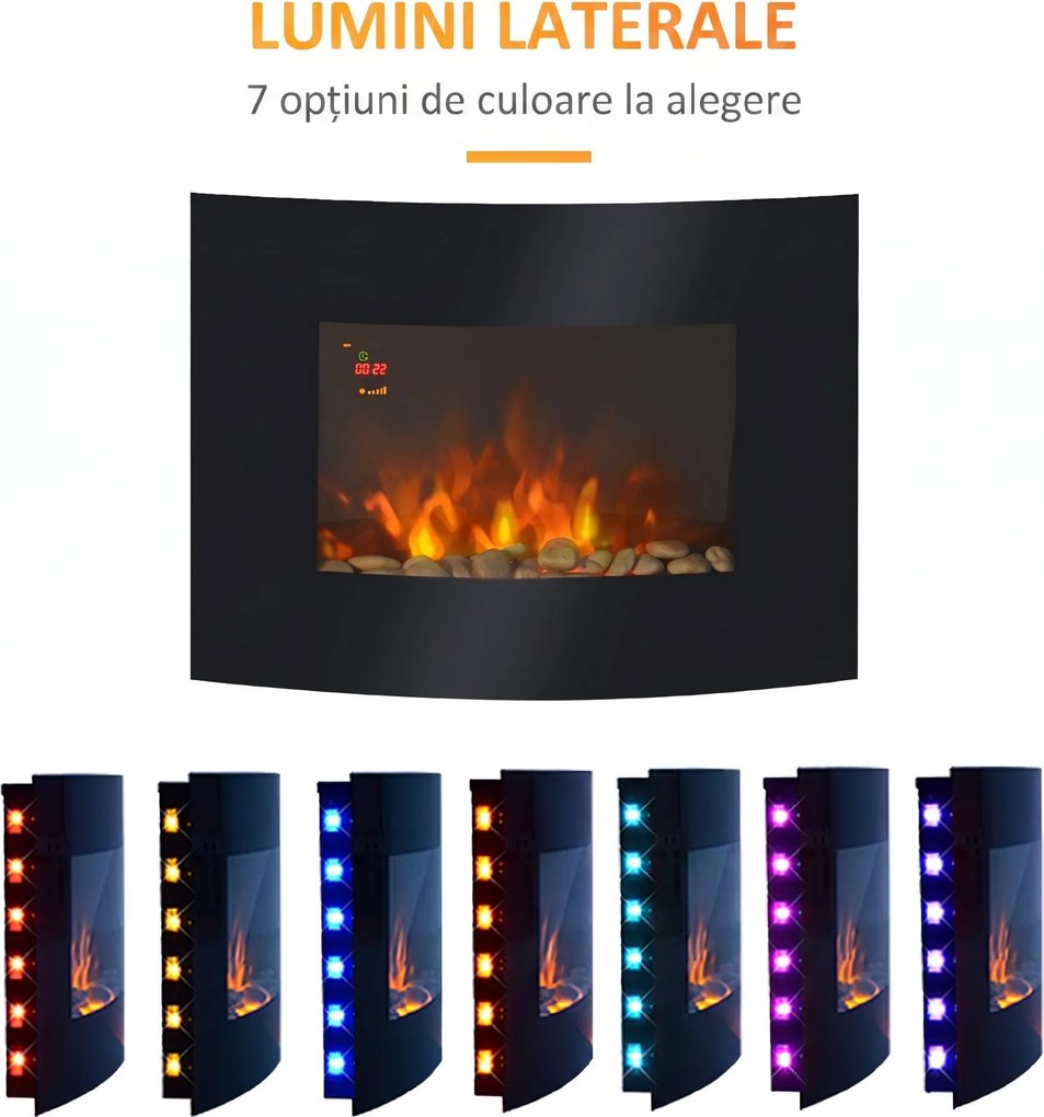 HOMCOM Șemineu Electric de Perete 900/1800W Încălzire cu Efect de Flacără 3D Reglabil, Șemineu Electric cu Lumină LED în 7 Culori, Telecomandă, Temporizator și Termostat, 30 m², Negru | Aosom Romania