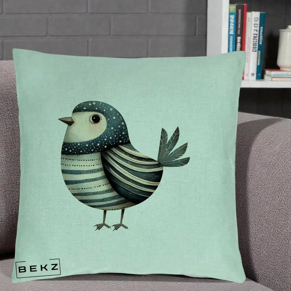 Perna Decorativa Pasare Teal Decorativa Dungata, 40x40 cm, Verde Menta, Husa Detasabila, Perna Inclusa, BEKZ®