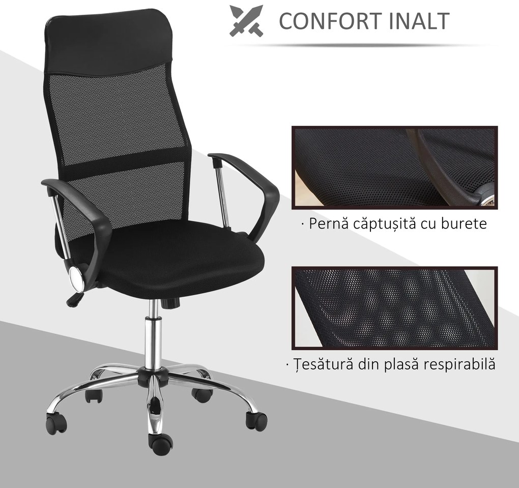 Scaun ergonomic de birou, insertie plasa, negru HOMCOM | Aosom Romania