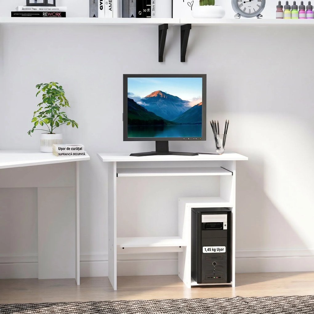 HOMCOM Birou Ergonomic Spațiu Optimizat, Alb, PAL/Metal, 80x45x75cm | Aosom Romania
