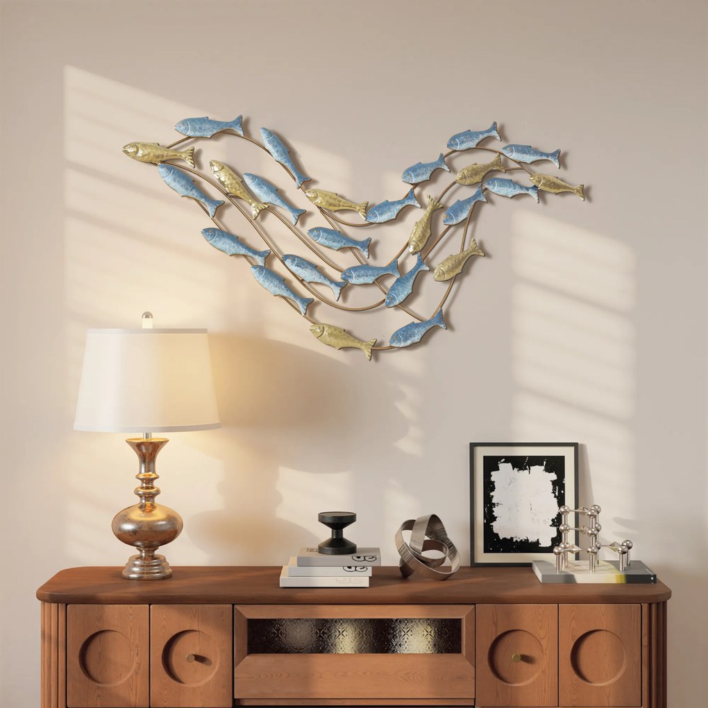 HOMCOM Artă de Perete cu Banc de Pești și Șuruburi Incluse pentru Casă și Birou, Decor Metalic, 99,7x3,8x50,2 cm, Auriu și Albastru | Aosom Romania