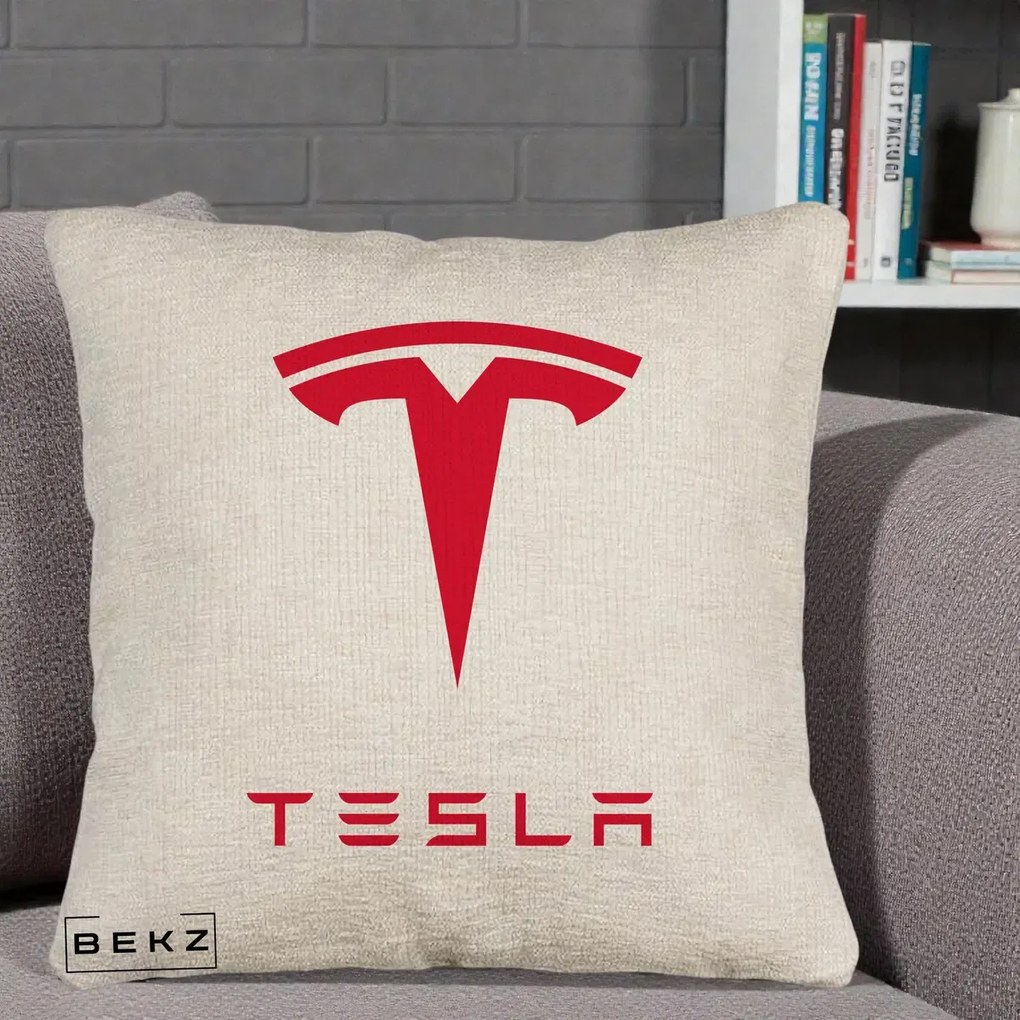 Perna Personalizata cu emblema Tesla, 40x40 cm, Bej Canapea, Husa Detasabila, Perna Inclusa, BEKZ®
