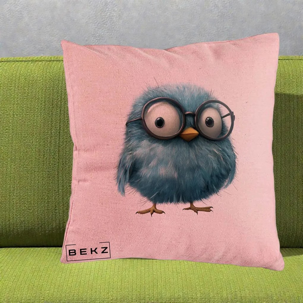 Perna Decorativa Pui Pufos Teal cu Ochelari, 40x40 cm, Roz, Husa Detasabila, Perna Inclusa, BEKZ®