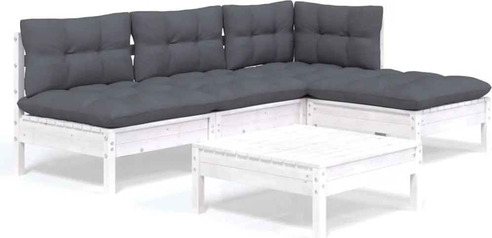 vidaXL Set mobilier grădină cu perne, 5 piese, alb, lemn de pin