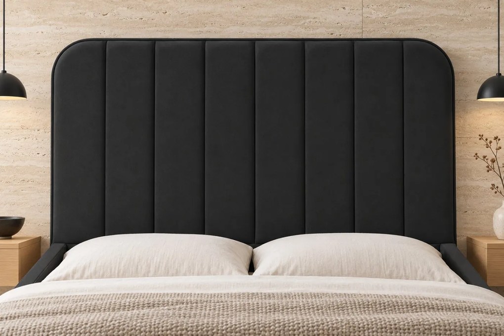 Pat tapițat din stofă Calista 180×200 cm, gri închis, cu ladă de depozitare