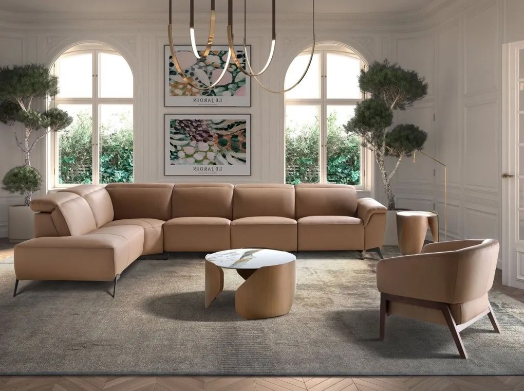 Coltar modular LUX design italian cu sezlong stanga Piele Naturala, Brown