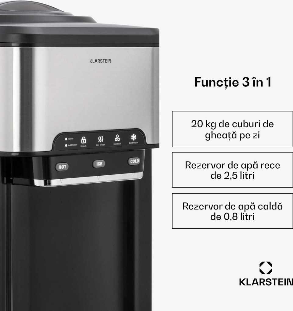 Klarstein Aqueous aparat de gheață 3 în 1: cuburi de gheață, distribuitor de apă: caldă și rece 20 kg/24h