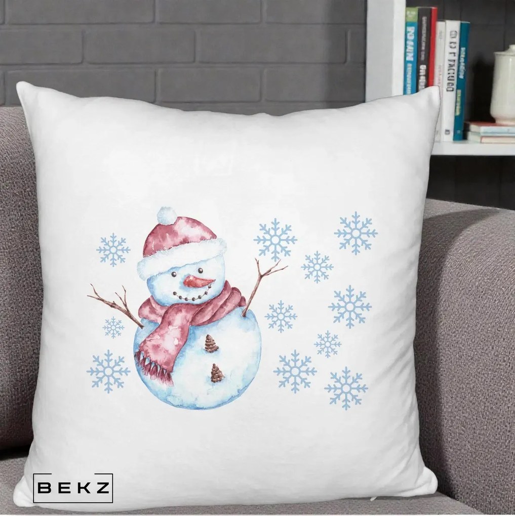 Perna Decorativa Om de Zapada Rosu cu Fulgi, 40x40 cm, Alb Pufos, Husa Detasabila, Perna Inclusa, BEKZ®