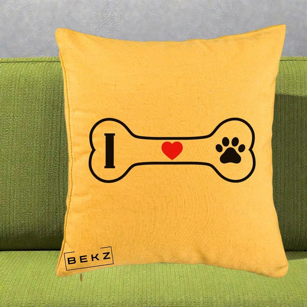 Perna Personalizata I Love Dog Os si Labuta, 40x40 cm, Galben, Husa Detasabila, Perna Inclusa, BEKZ®