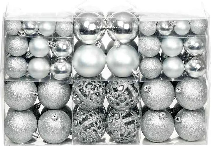 vidaXL Set globuri de Crăciun 100 de piese, 3/4/6 cm, argintiu