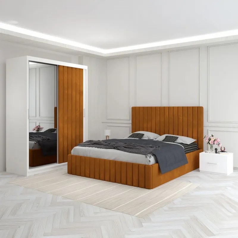 Set Mobila De Dormitor Luca Caramiziu, pat tapitat 160x200cm,  dulap cu oglinda 150x210cm, noptiere
