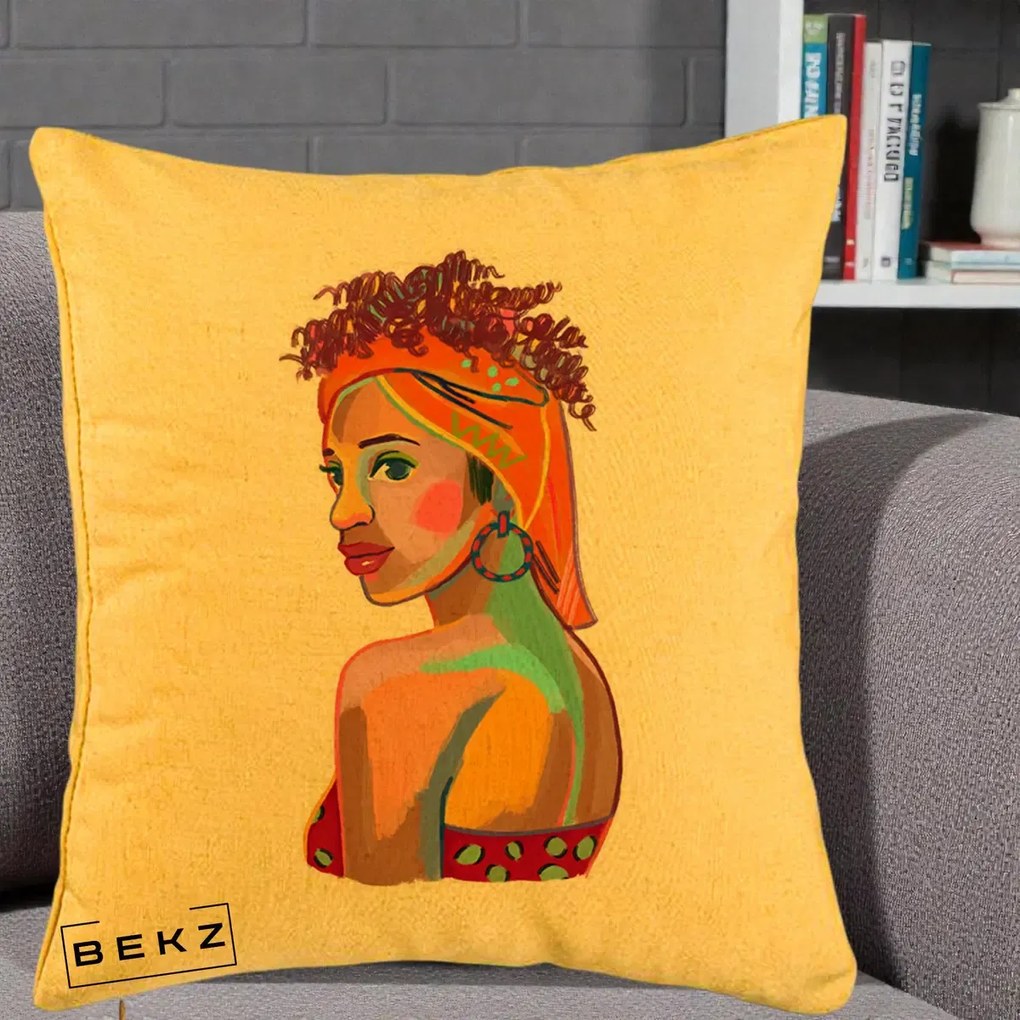 Perna decorativa Portret Femeie Colorat Pop Art, 40x40 cm cu Umplutura, Galben, BEKZ