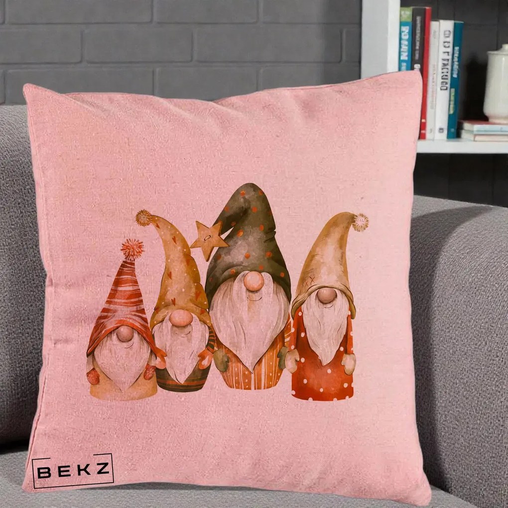 Perna Decorativa Gnomi de Craciun Patru, 40x40 cm, Roz, Husa Detasabila, Perna Inclusa, BEKZ®