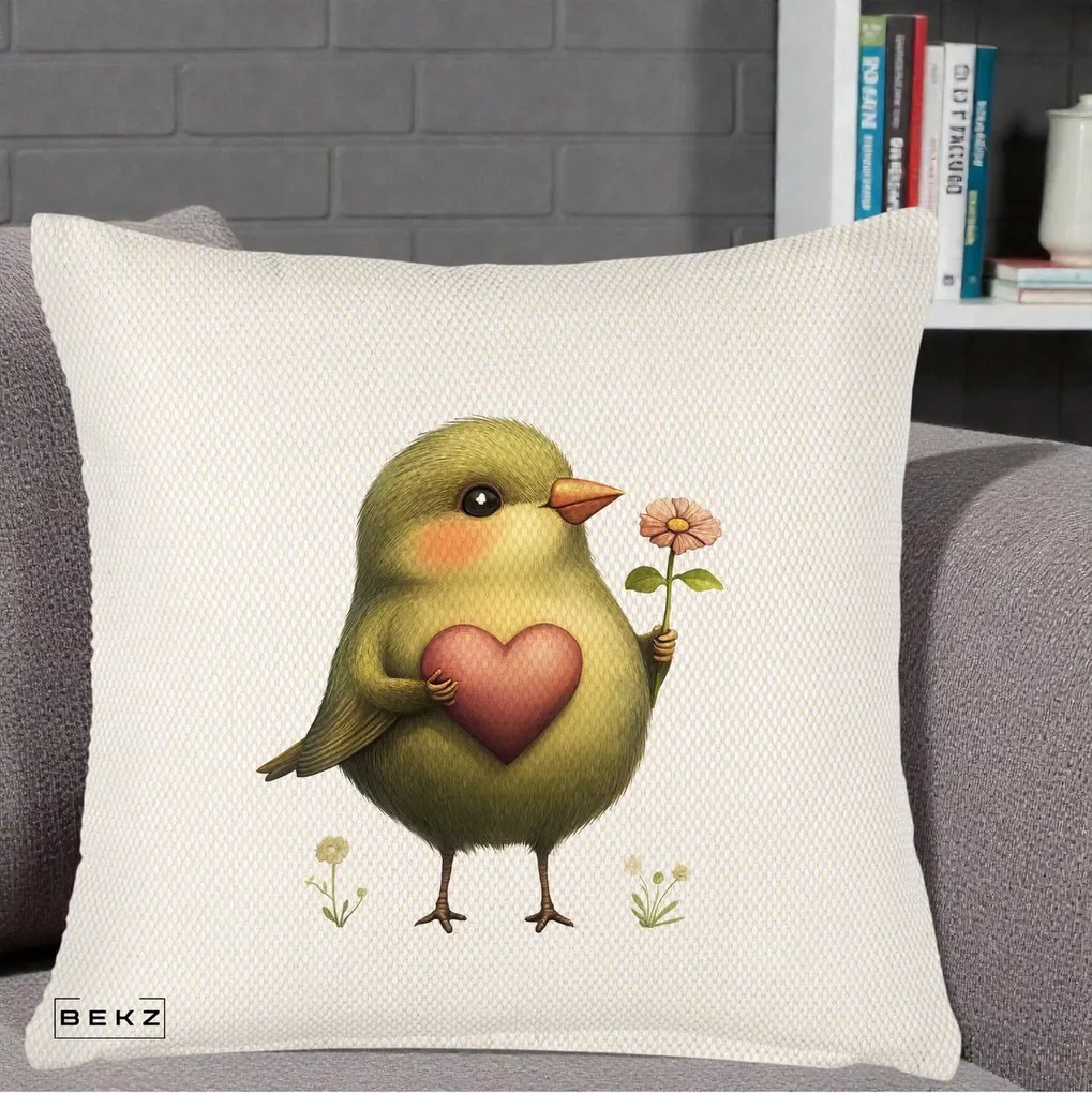 Perna Decorativa Pasare Verde cu Inima si Floare, 40x40 cm, Crem Reliefat, Husa Detasabila, Perna Inclusa, BEKZ®