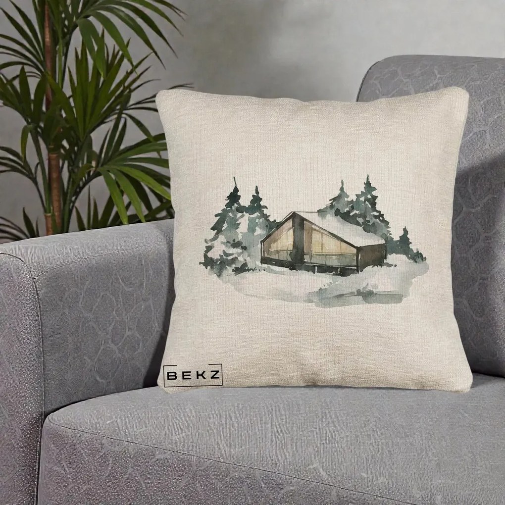 Perna Decorativa Cabana de Iarna in Padure, 40x40 cm, Bej Canapea, Husa Detasabila, Perna Inclusa, BEKZ®