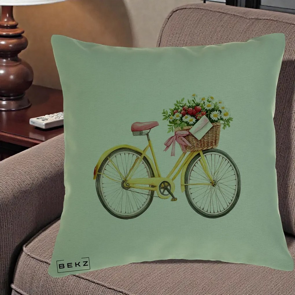 Perna Decorativa Bicicleta Galbena cu Cos de Flori Primavara, 40x40 cm, Verde, Husa Detasabila, Perna Inclusa, BEKZ®