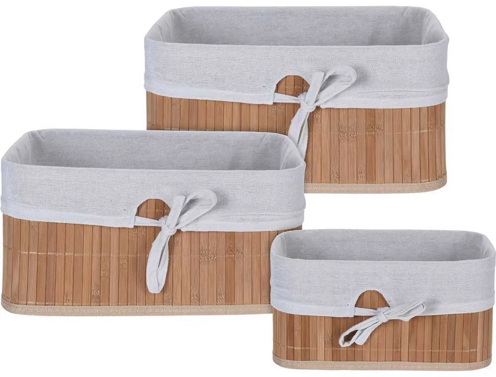 SET 3 CUTII DEPOZITARE BAMBUS, INTERIOR TEXTIL, BAZA MDF, INEL METALIC PE PARTEA SUPERIOARA, NATUR/ALB, 24X14X12 CM/ 29X19X14 CM/ 34X24X16 CM