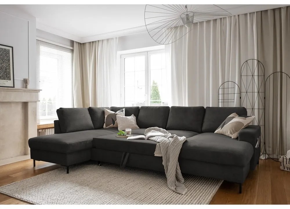 Colțar gri închis extensibil cu tapițerie din catifea reiată (cu colț pe partea stângă ) Lofty Lilly – Miuform