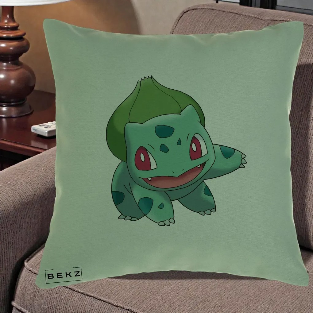 Perna Personalizata Bulbasaur Pokemon, 40x40 cm, Verde, Husa Detasabila, Perna Inclusa, BEKZ®