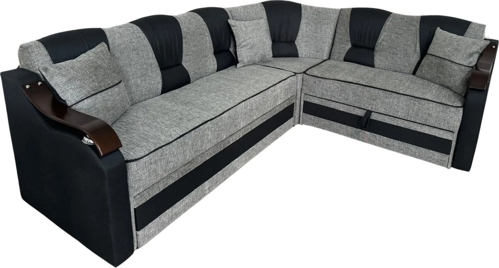 Coltar VALAHIA extensibil, lada de depozitare, stofa gri inchis cu gri deschis, 270x220x90 Gri + Negru