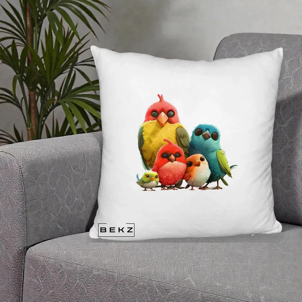 Perna Decorativa Familie de Pasarele Colorate, 40x40 cm, Alb Pufos, Husa Detasabila, Perna Inclusa, BEKZ®