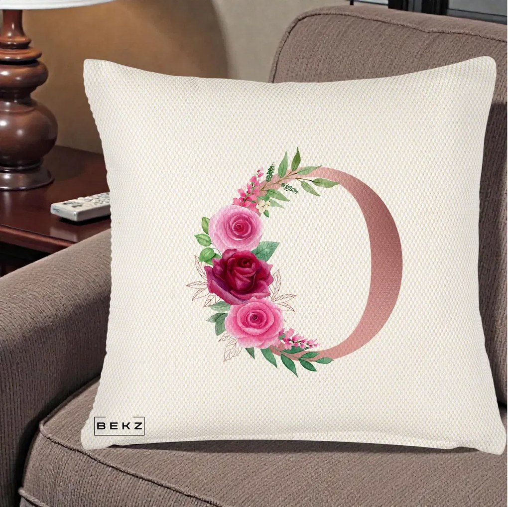 Cadou Personalizat - Perna Personalizata Monograma Rose Gold Litera O, 40x40 cm, Crem Reliefat, Husa Detasabila, Perna Inclusa, BEKZ®
