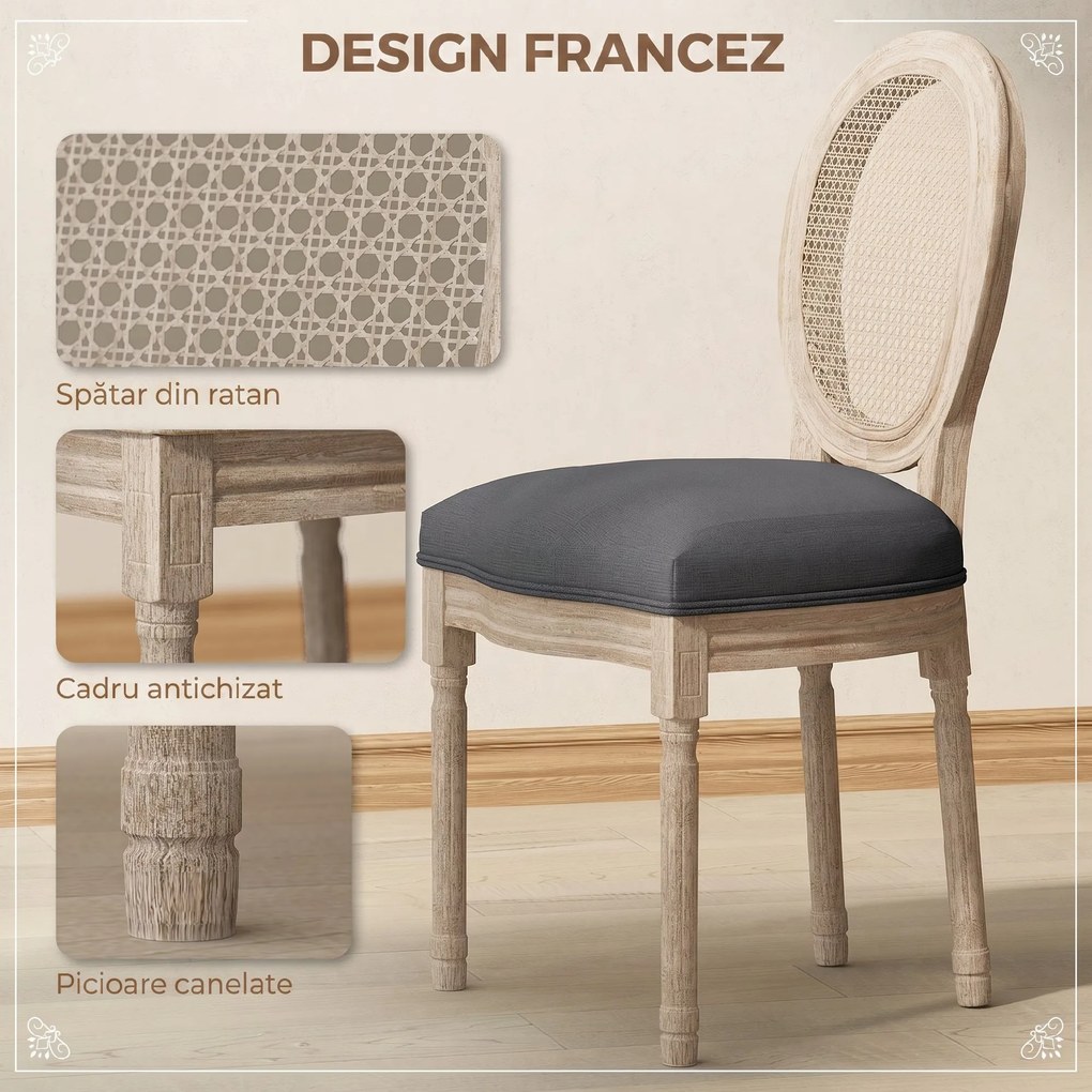HOMCOM Set 2 Scaune de Dining Vintage, Material cu Efect de In, Spătar din Ratan Perforat, Picioare din Lemn, Gri | Aosom Romania
