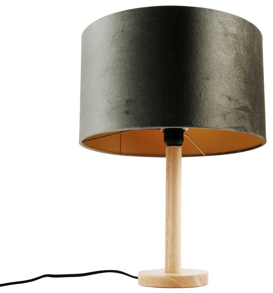 Lampă de masă din lemn cu abajur de catifea verde 35cm - Mels