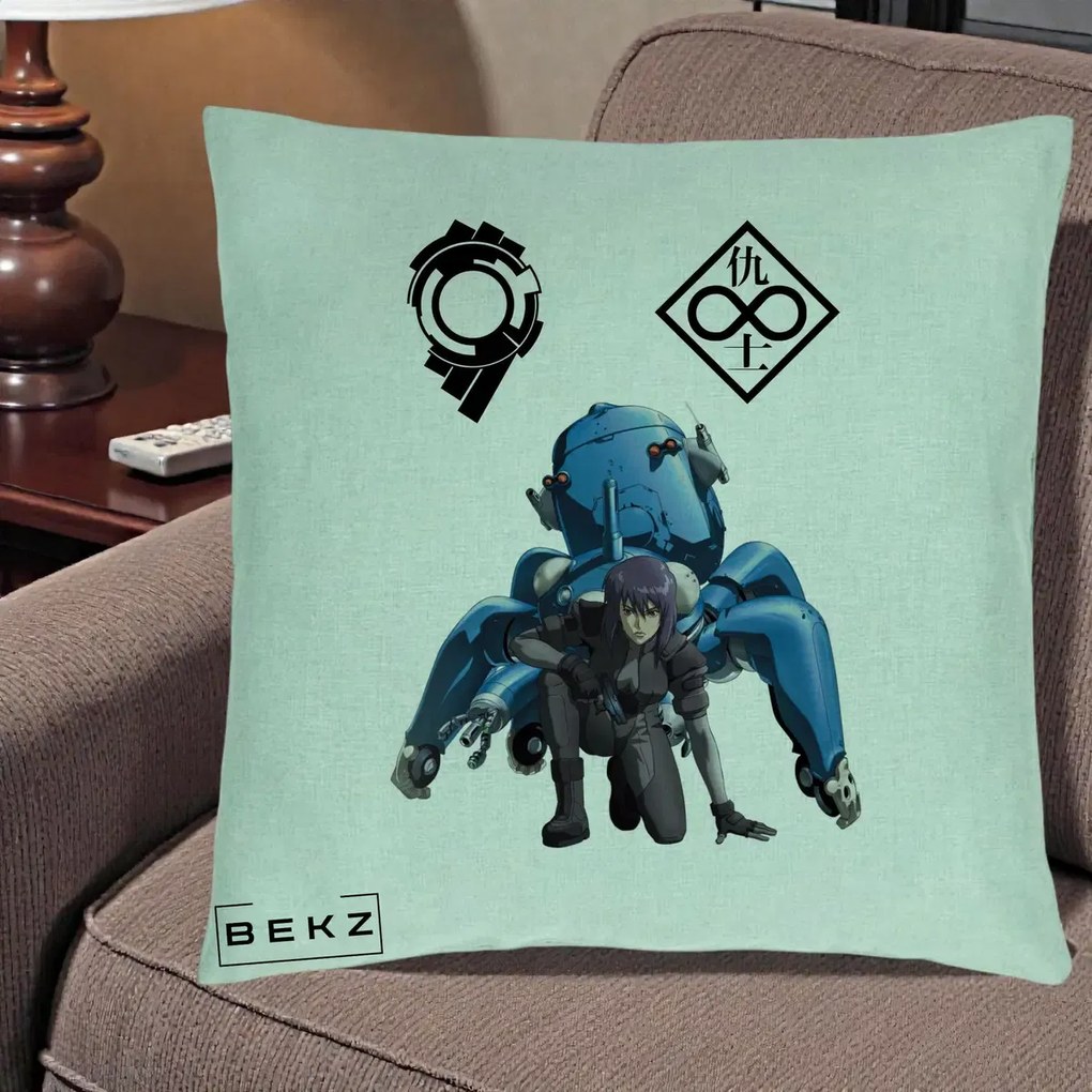 Perna Personalizata Ghost in the Shell Motoko si Tachikoma, 40x40 cm, Verde Menta, Husa Detasabila, Perna Inclusa, BEKZ®