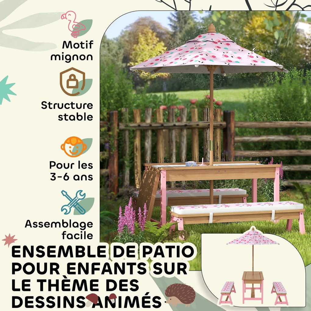 AIYAPLAY Masă de picnic pentru copii cu bănci, perne, umbrelă pliabilă, cutii de depozitare detașabile, model flamingo, roz | Aosom Romania