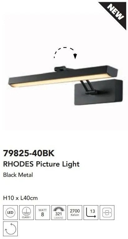 Aplica de perete LED pentru oglinda sau tablou Rhodes negru, L-40cm