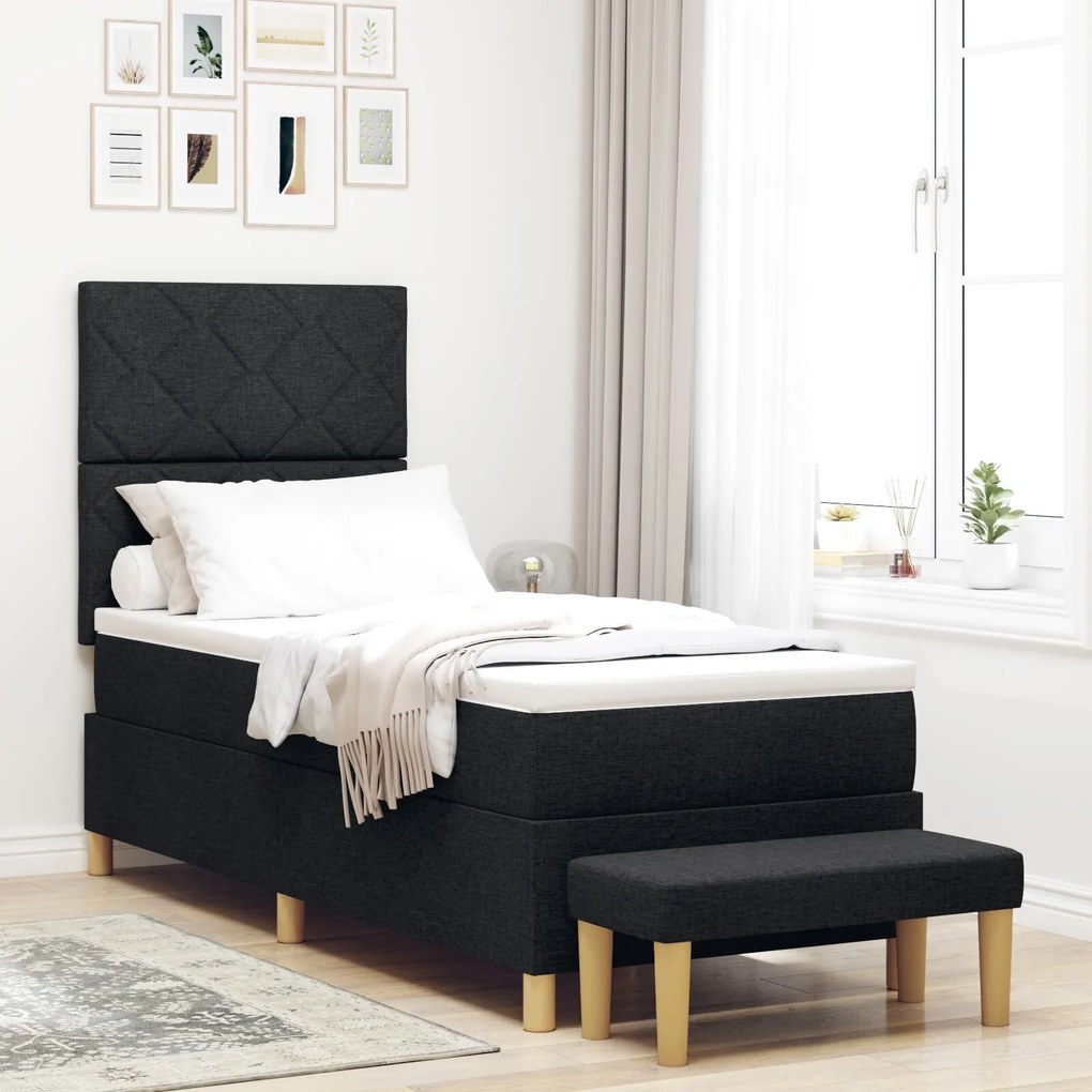 vidaXL Pat cu arcuri cu saltea și bancă neagră 80x200 cm țesătură