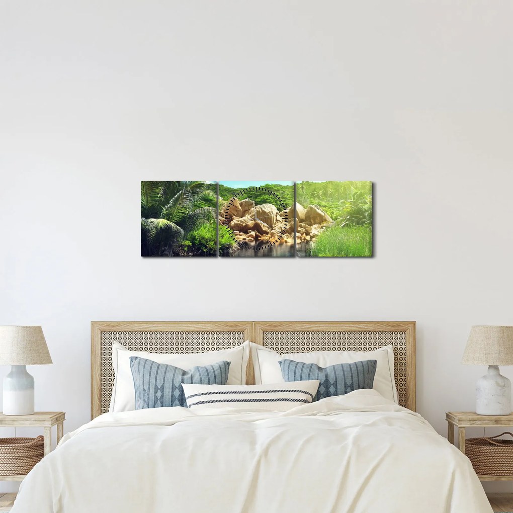 Tablou cu lac în jungla din Seychelles (cu ceas) (90x30 cm)