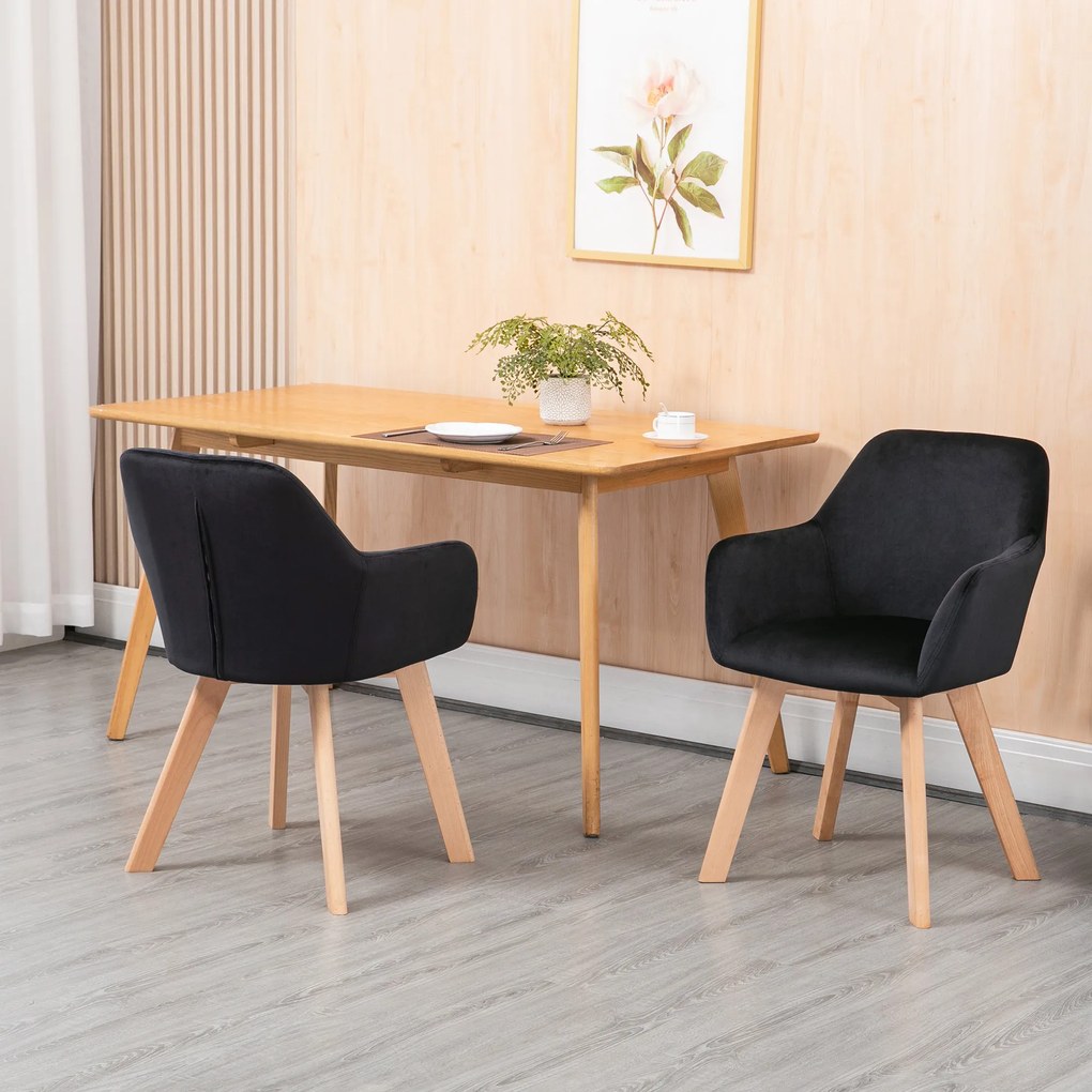 HOMCOM Scaune de Masă, Set de 2, Design Modern, Design de Catifea, Lemn de Cauțiuc, 54x57x80 cm, Negru | Aosom Romania