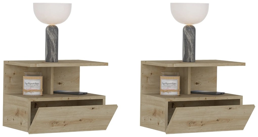 Set 2 Noptiere suspendate Kabi, 1 Usa, Stejar Artisan, 45 x 30 x 34 cm