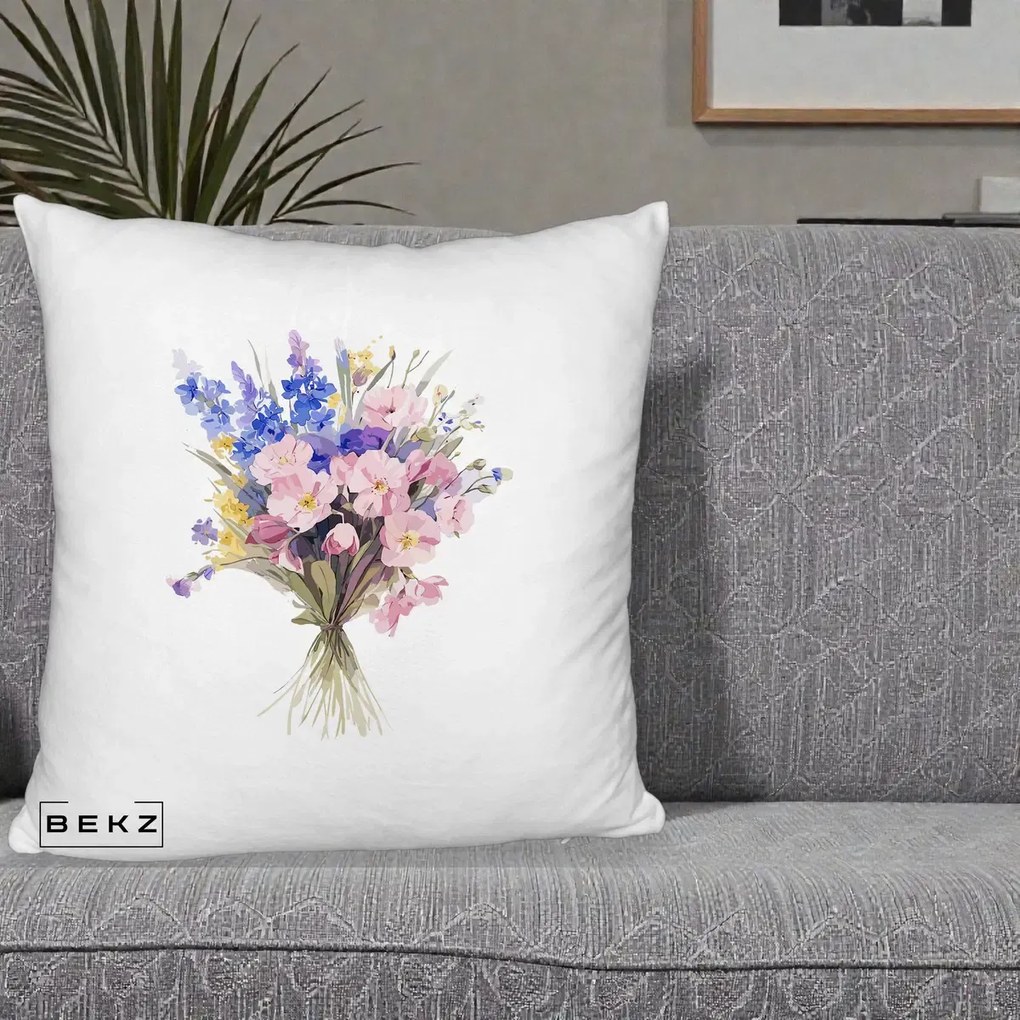 Perna Decorativa Buchet Floral Acuarela Primavara, 40x40 cm, Alb Pufos, Husa Detasabila, Perna Inclusa, BEKZ®