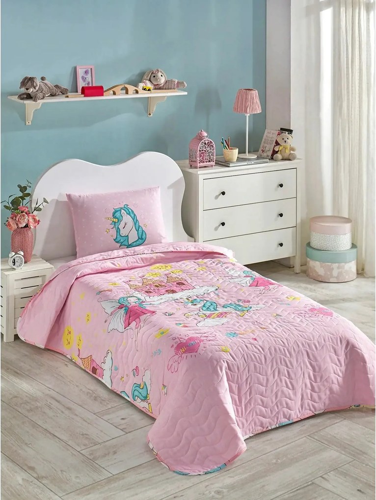 Set cuvertura pat UNICORN DREAMS, roz, bumbac/poliester, 160x220 cm, c