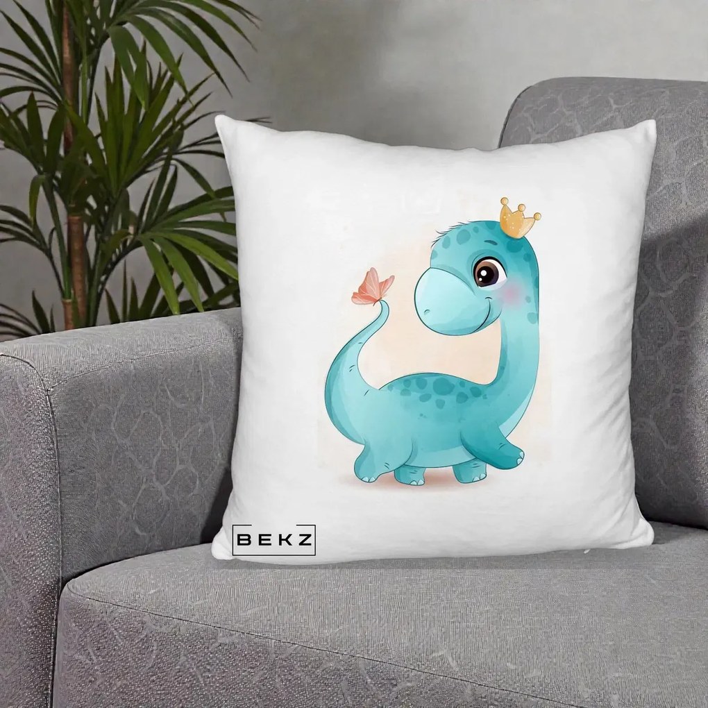 Perna Personalizata Dinozaur Bland Coroana Kawaii, 40x40 cm, Alb Pufos, Husa Detasabila, Perna Inclusa, BEKZ®