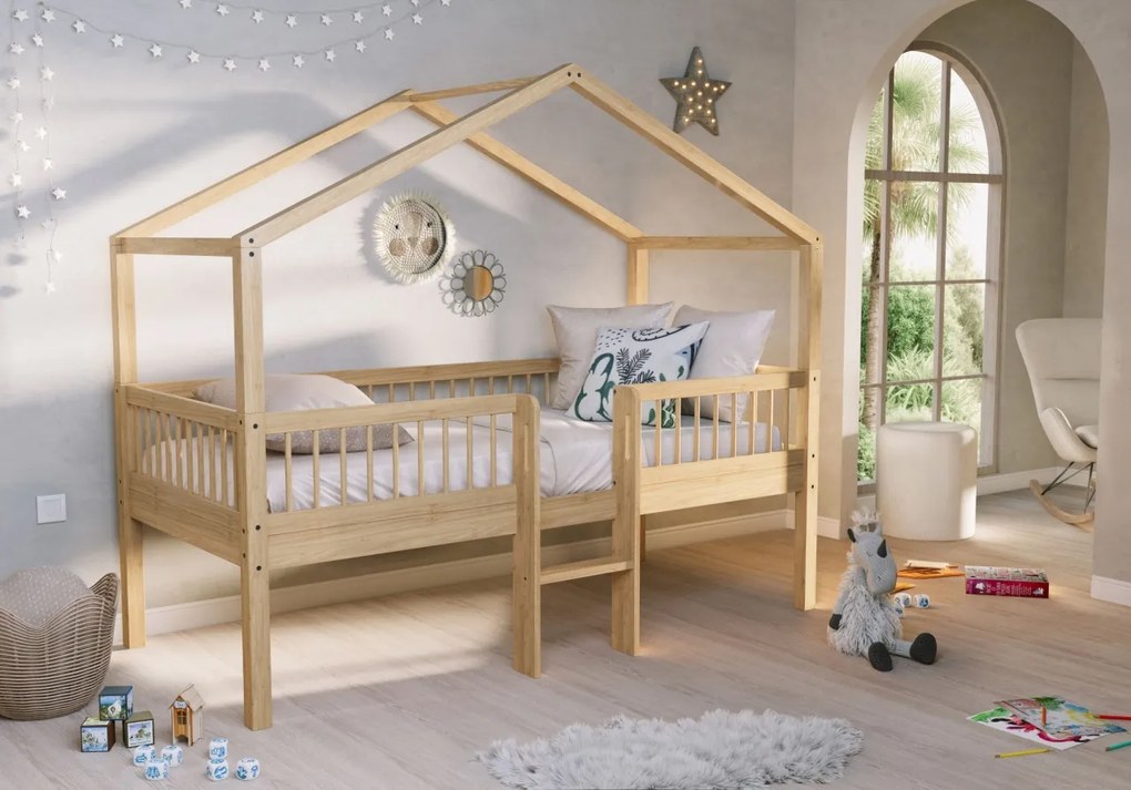 Pat Casă Înălțat Forrest Oak 90x200 cm, pentru Camera Copii, din Lemn de Stejar, Natur, cu Scară și Set Textil – Vipack