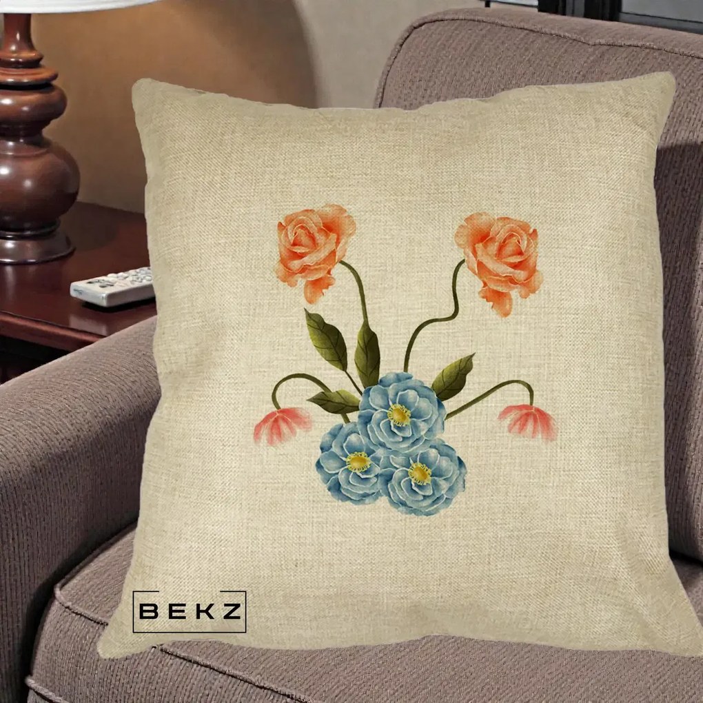 Perna Decorativa Trandafiri si Bujori Acuarela, 40x40 cm, Crem, Husa Detasabila, Perna Inclusa, BEKZ®