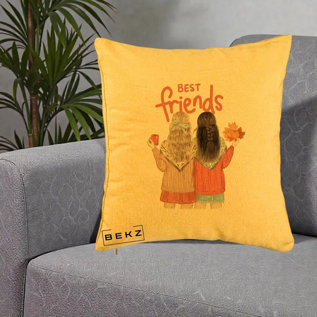 Cadou pentru Prieteni - Perna Personalizata Best Friends Toamna, 40x40 cm, Galben, Husa Detasabila, Perna Inclusa, BEKZ®