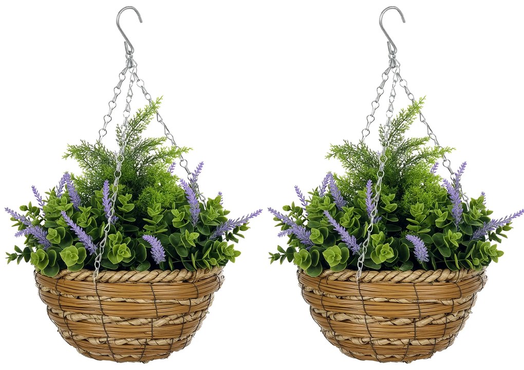 Outsunny Set 2 Plante Artificiale de Lavandă cu Ghiveci și Cârlig, Ø25x34 cm, Verde și Violet | Aosom Romania