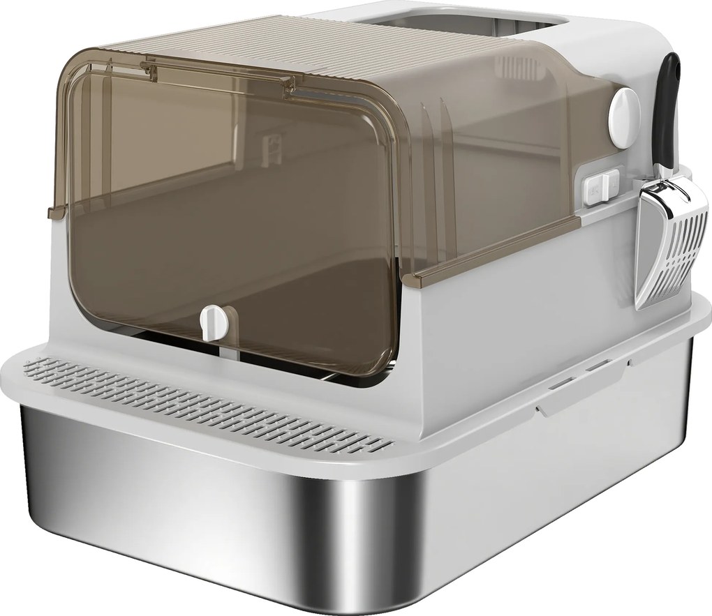 Litieră pentru Pisici PawHut XXL din Oțel Inoxidabil cu Capac Rabatabil la 90° Gri | Aosom Romania