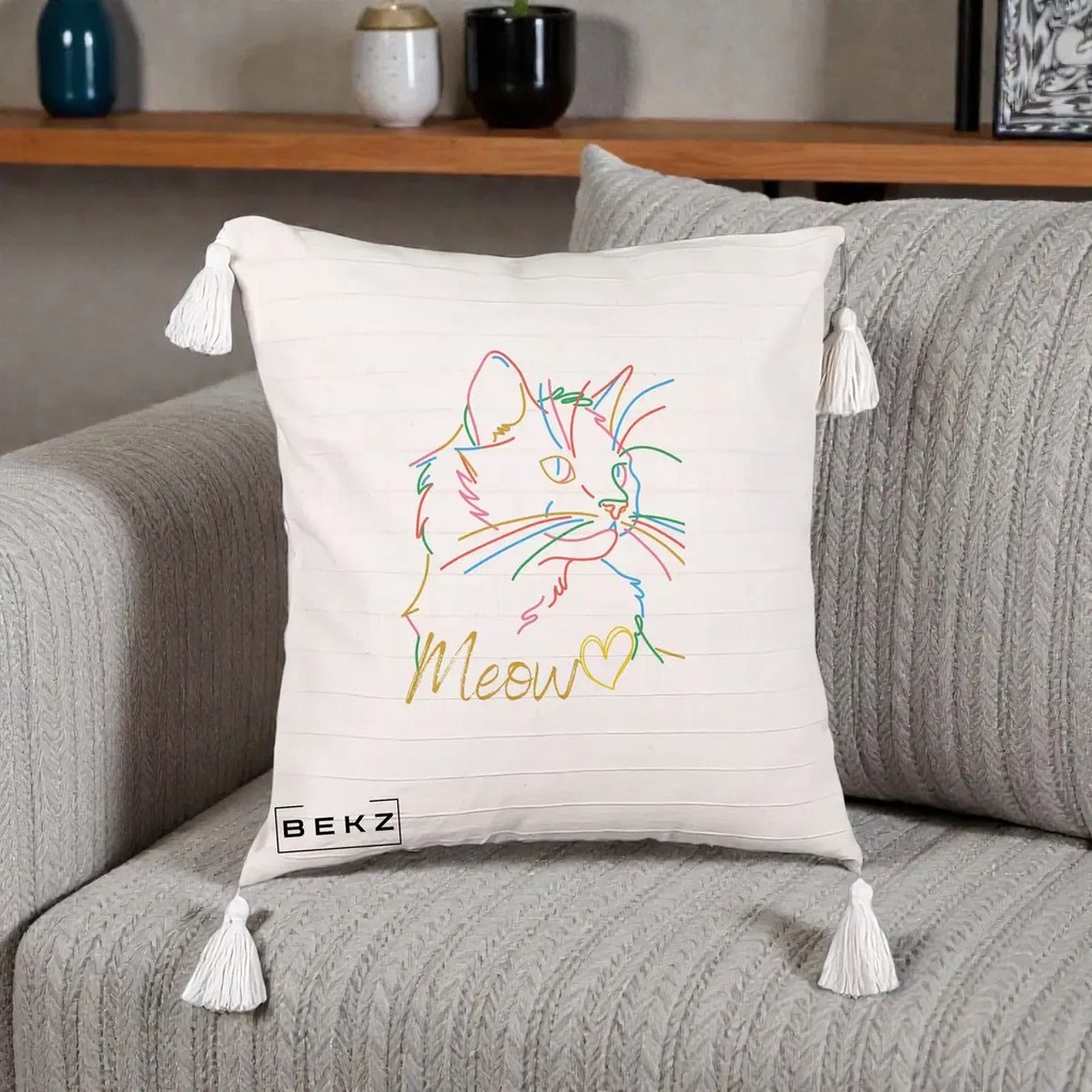 Perna Personalizata Pisica Meow Arta Linie Colorata, 40x40 cm, Bej cu Franjuri, Husa Detasabila, Perna Inclusa, BEKZ®
