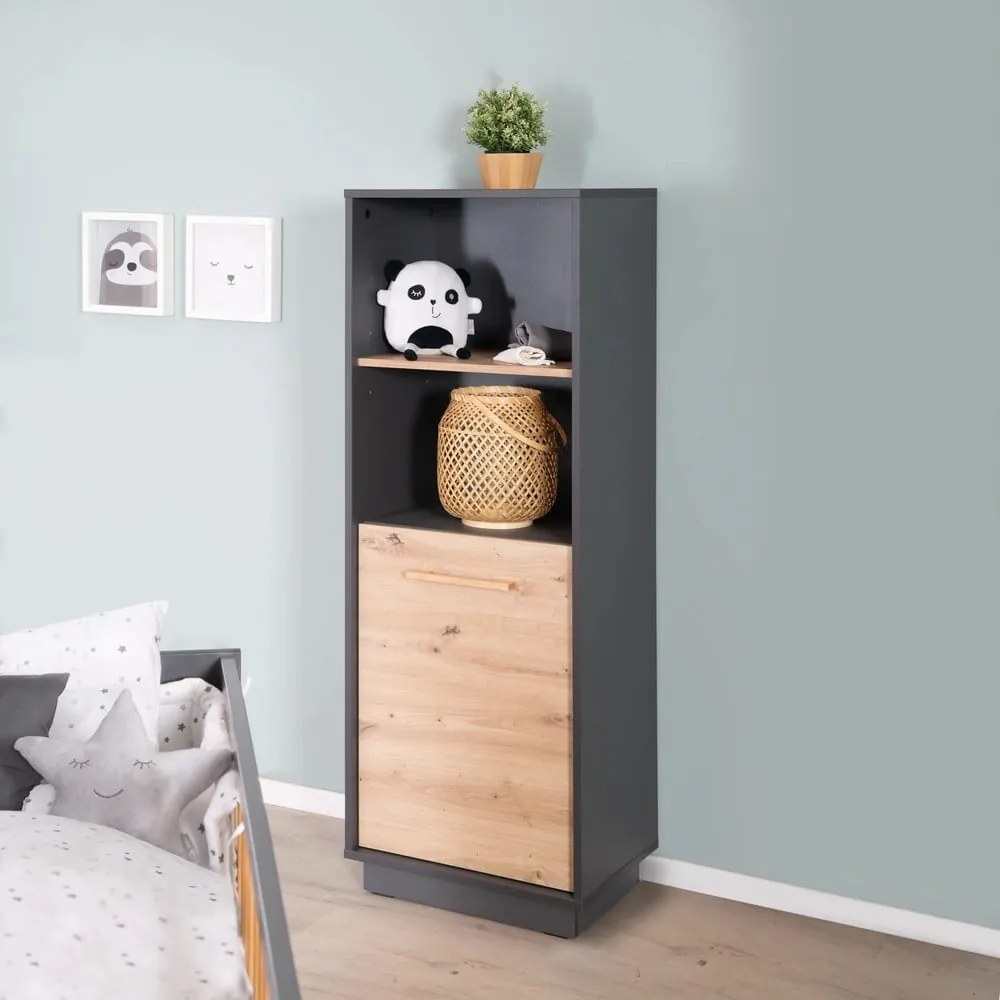 Bibliotecă pentru copii gri antracit/natural cu aspect de lemn de stejar 55x150 cm Lenn – Roba