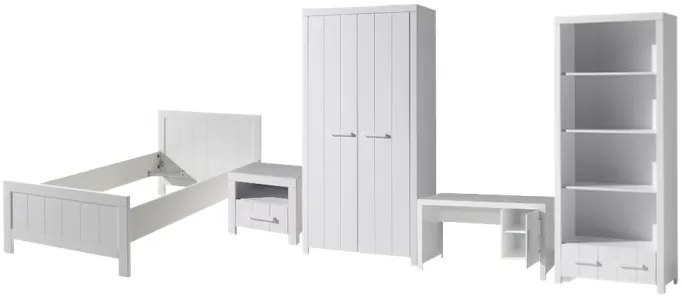Set Mobilier Cameră Copii ERIK: Pat 90x200 cm, Dulap 2 Uși, Birou, Bibliotecă și Noptieră, Alb – Vipack